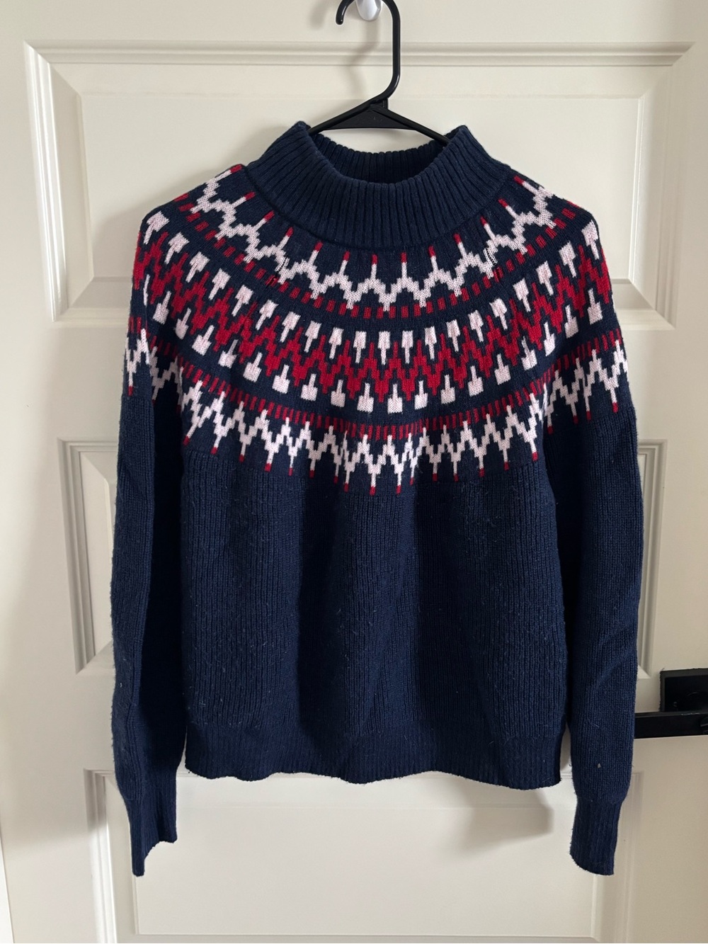 J. Crew Navy Fair Isle Sweater with Red and White Yoke Lamb Wool Blend